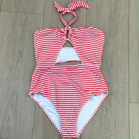 NEW Cupshe Womens Size Large Red White Striped Halter One Piece Swimsuit - Picture 1 of 5